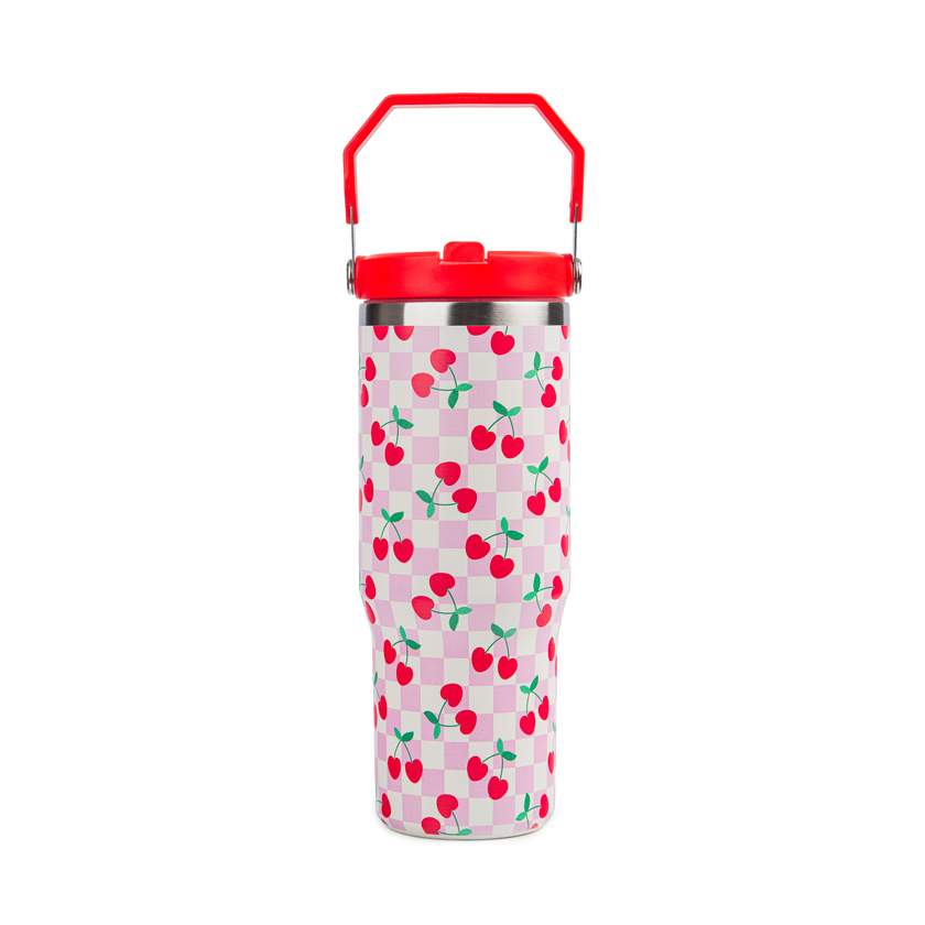 Pink Checkered Cherries tumbler with straw, Sentio