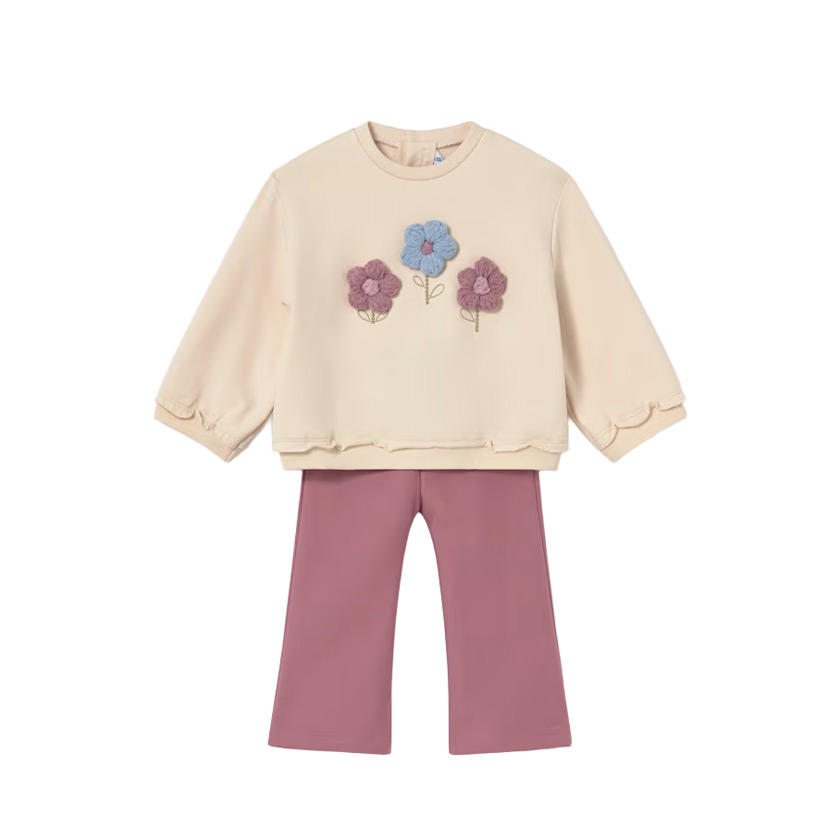 Beige flower-print sweatshirt & pink joggers set