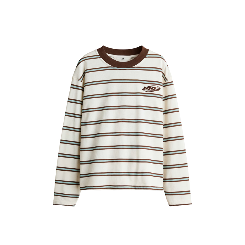 Beige-Burgundy long-sleeve striped shirt