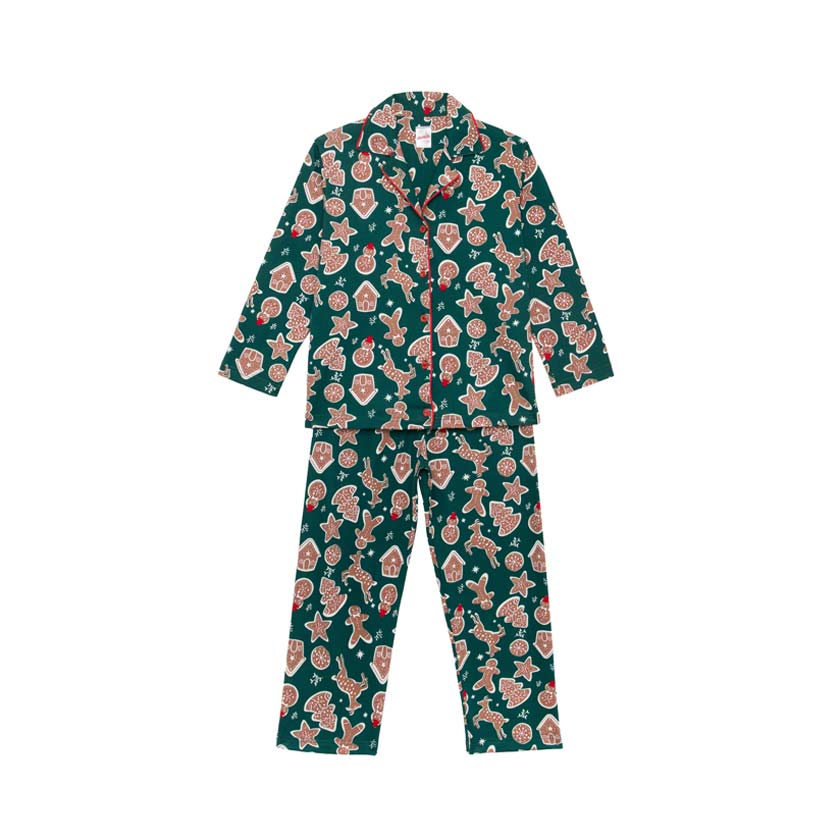 Unisex green pyjama set with gingerbread print