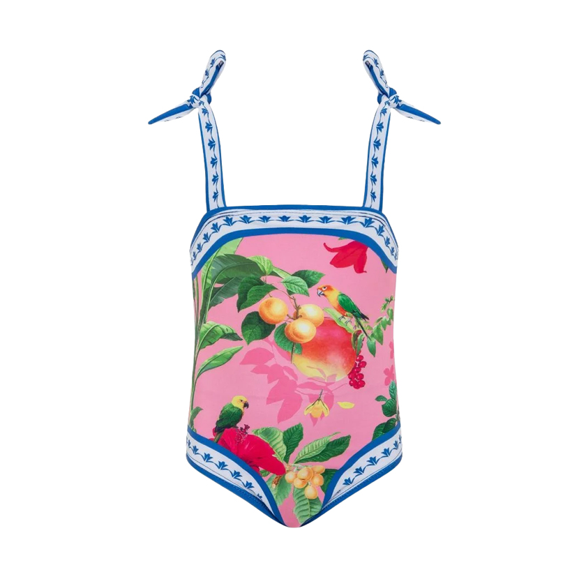 Ροζ-μπλε ολόσωμο μαγιό με tropical print