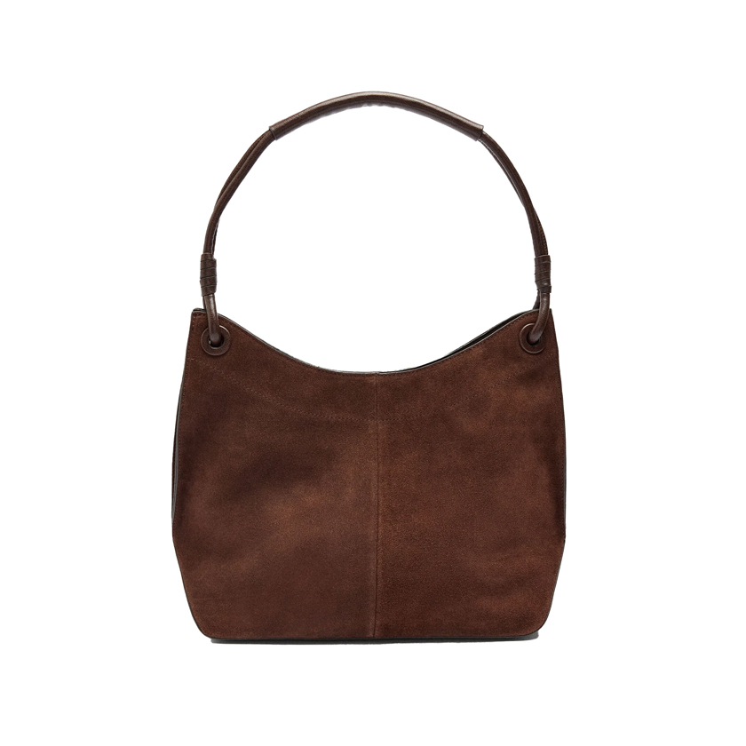 Καφέ suede τσάντα ώμου με δερμάτινες λεπτομέρειες