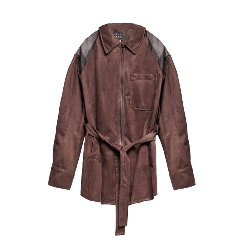 Καφέ suede jacket με λεπτομέρεια διαφάνεια