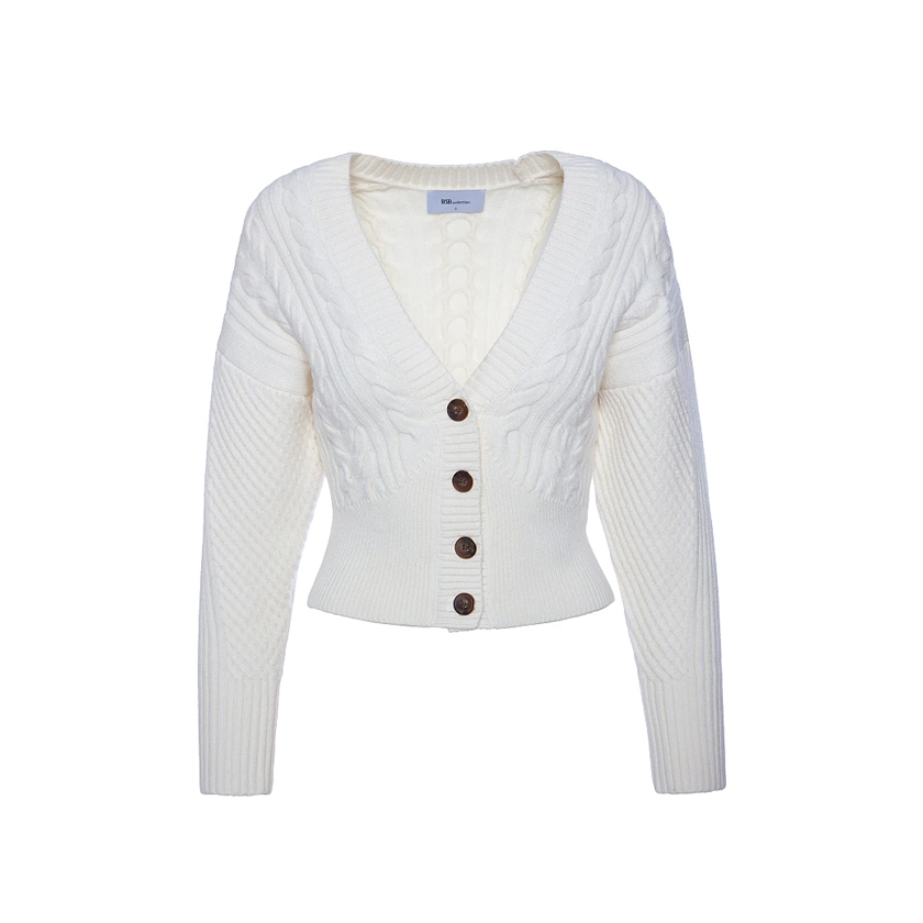 Λευκή πλεκτή ζακέτα με λαιμόκοψη V