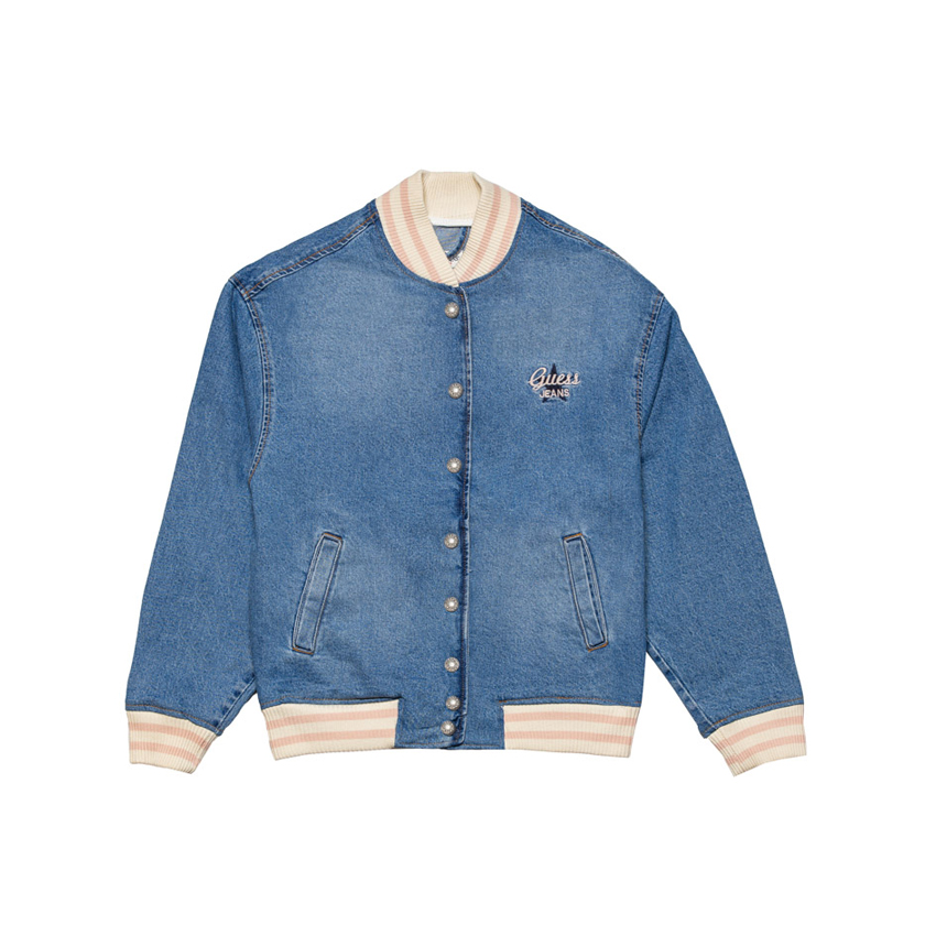 Μπλε denim bomber jacket με ροζ ριγέ λεπτομέρειες