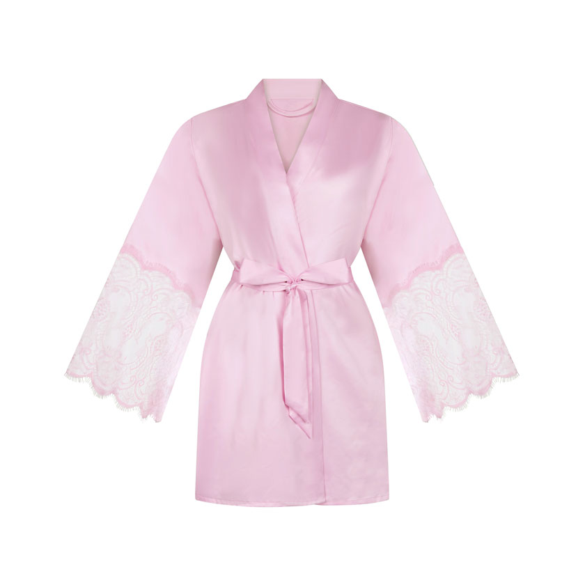 Ροζ σατέν κιμονό με δαντέλα στα μανίκια