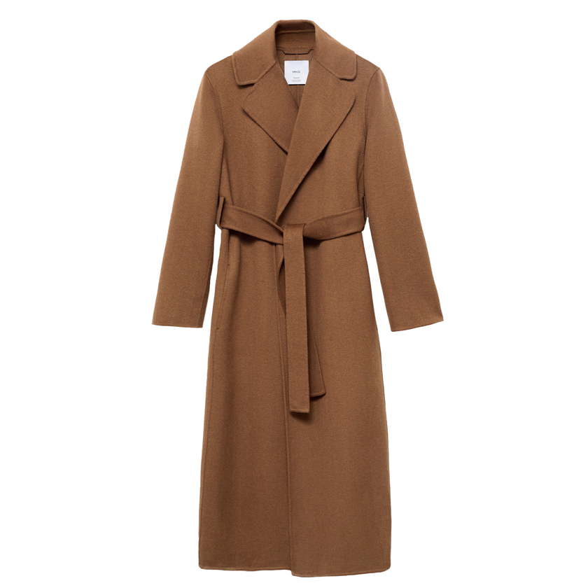 Καφέ χειροποίητο μάλλινο παλτό με ζώνη