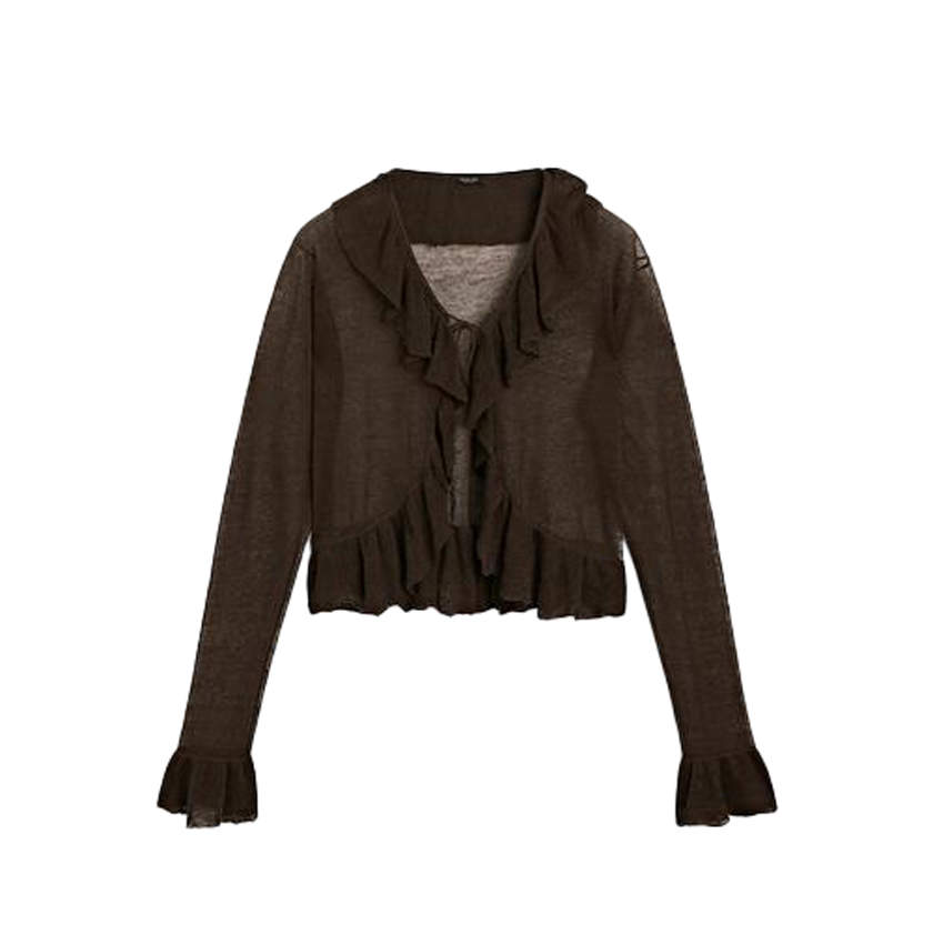 Καφέ ημιδιάφανη ζακέτα με βολάν