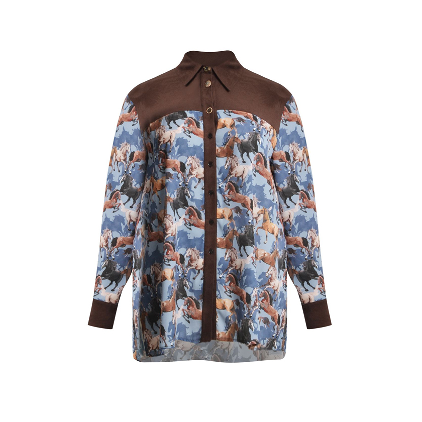 Καφέ πουκάμισο με print και suede λεπτομέρειες