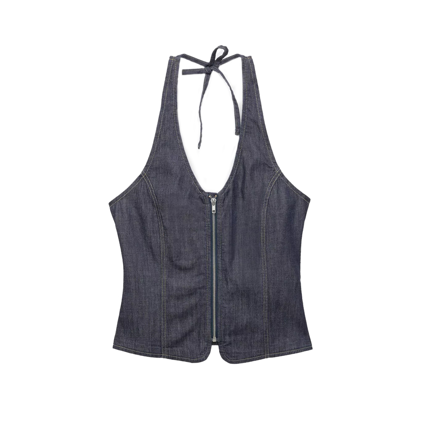 Σκούρο μπλε denim halter τοπ με φερμουάρ
