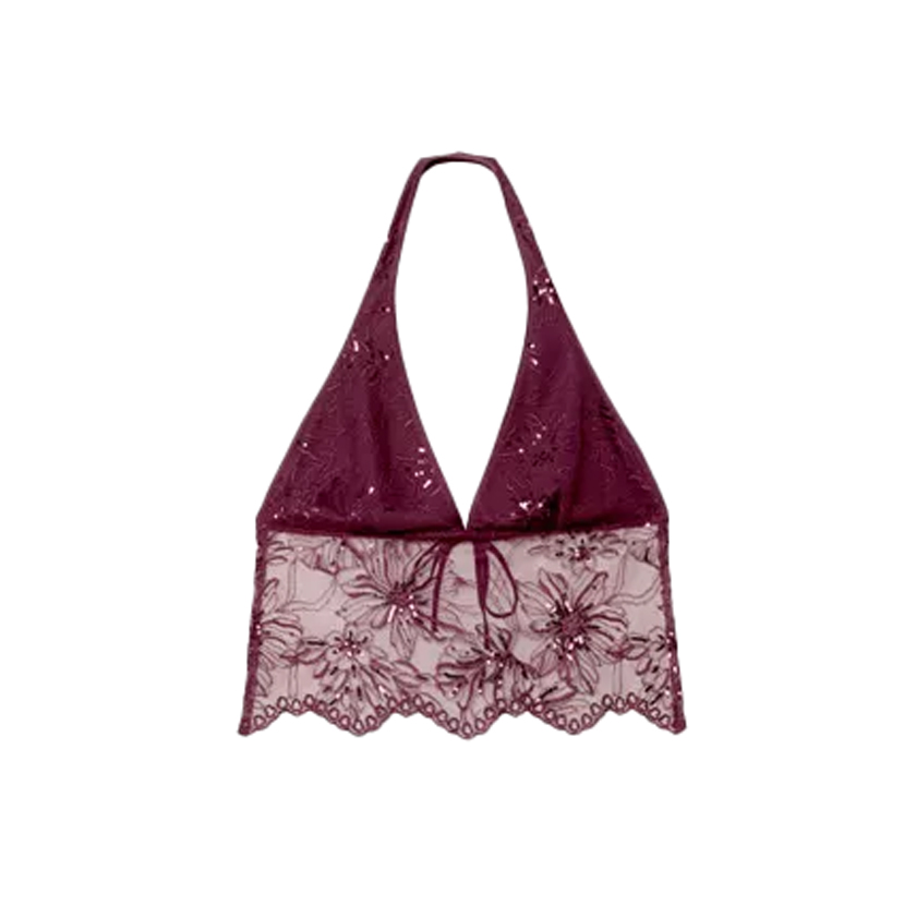 Μπορντό halter top με κεντημένες λάμψεις 