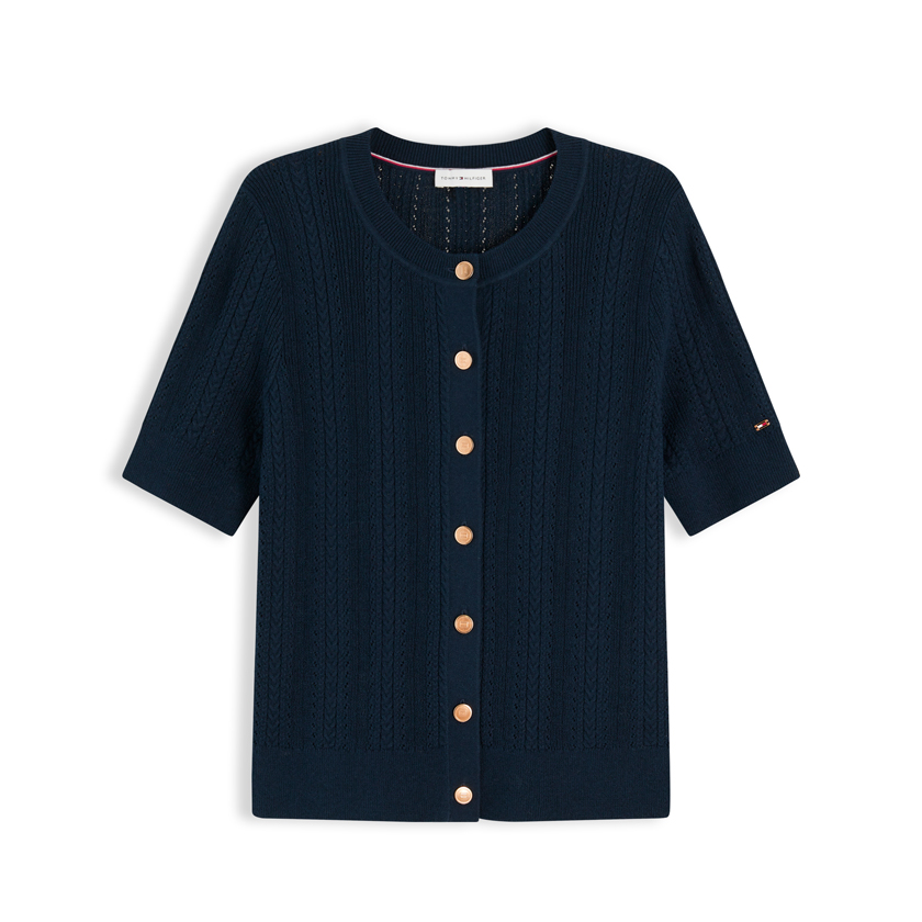 Navy blue short-sleeve pointelle cardigan with gold buttons