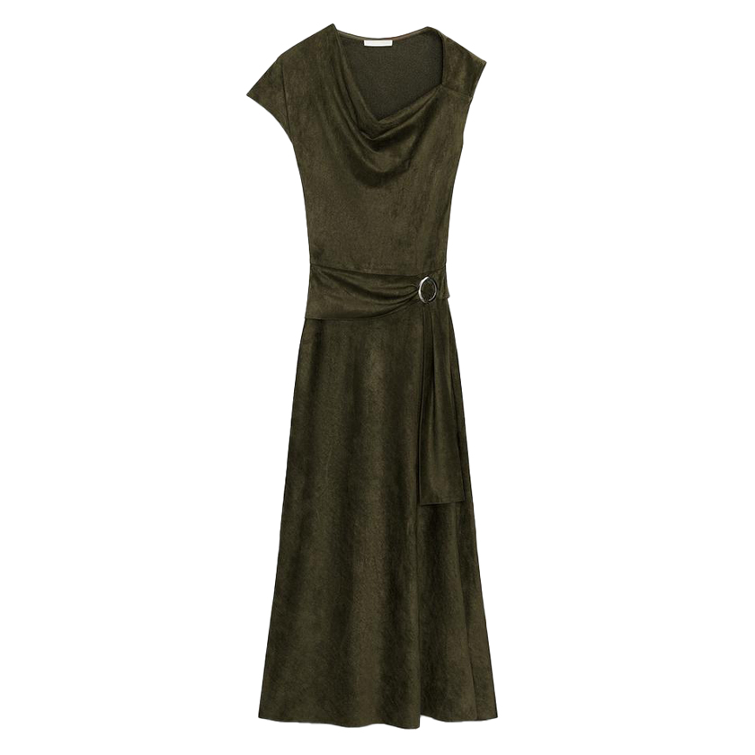 Χακί ασύμμετρο φόρεμα με suede όψη