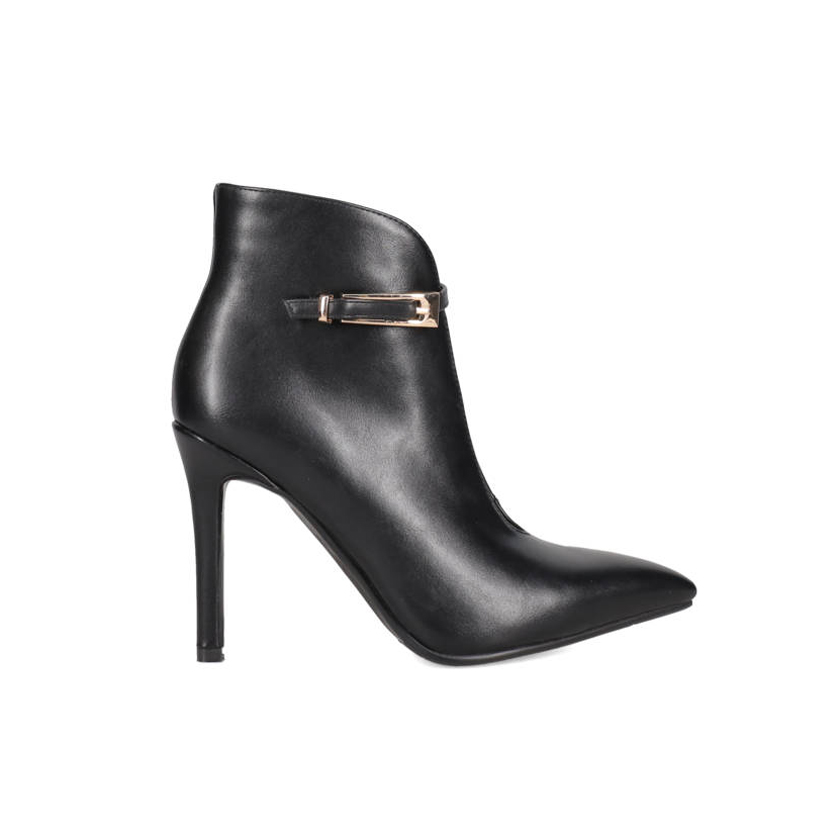 Black booties with gold buckle