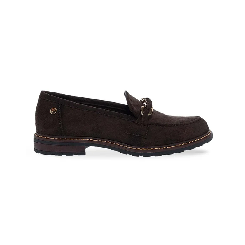 Brown suede loafers with chain detail