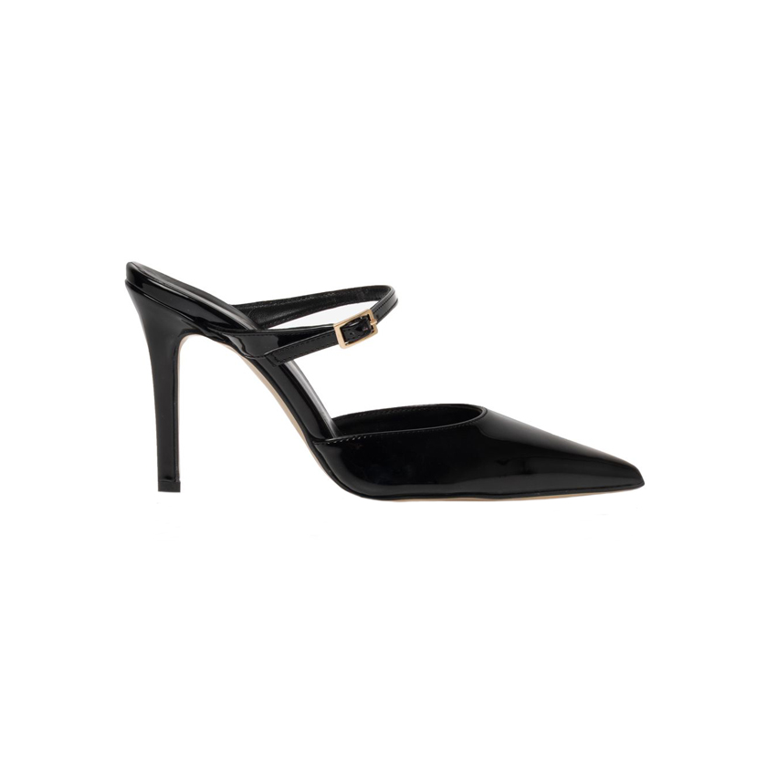 Μαύρα μυτερά mules με λουράκι